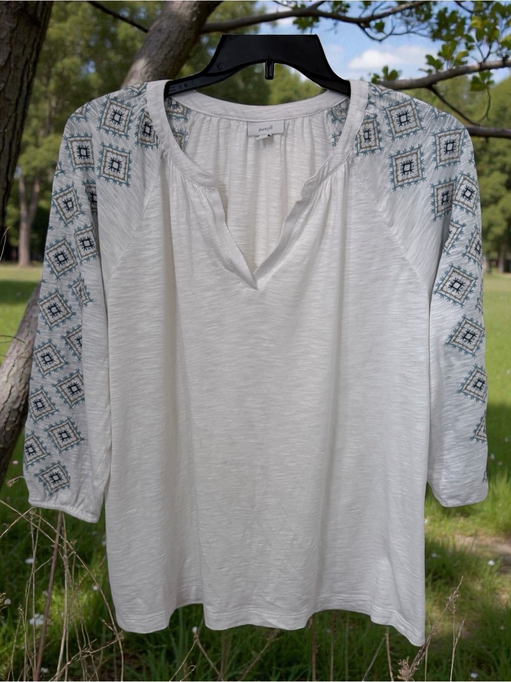 J. Jill White Tunic with Blue Embroidered Geometric Sleeves